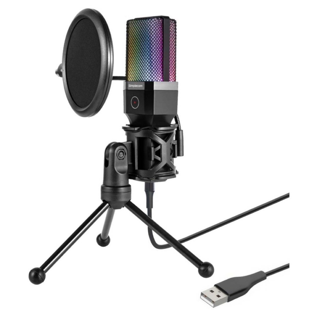 Simplecom USB Cardioid Condenser RGB Gaming Microphone with Tripod and Pop Filter (UM650)