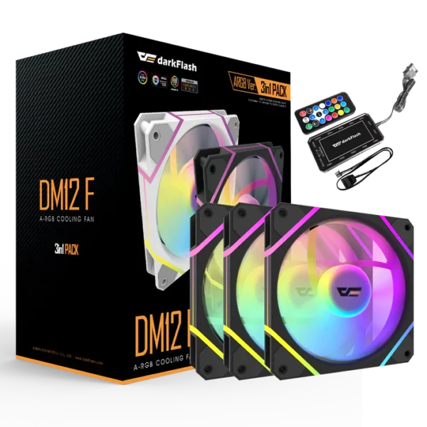 DarkFlash DM12F 3-Pack ARGB Computer Case Fan 120mm Cooling Fan with Remote Controller (Black)